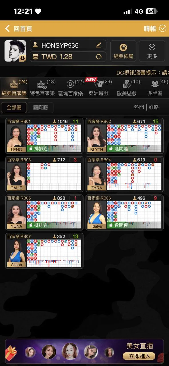 DG 真人百家手機大廳真實截圖,可觀察手機桌卡、好路標示與進桌清單密度