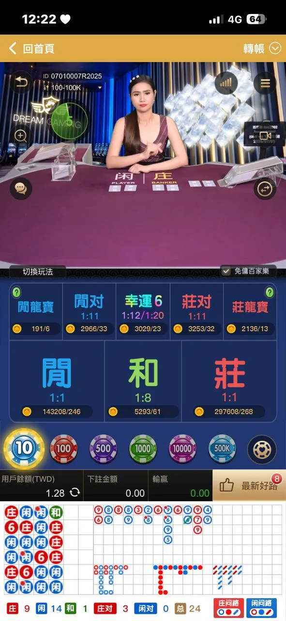 DG 真人百家手機單桌真實截圖,可觀察手機下注區、籌碼列與底部路單