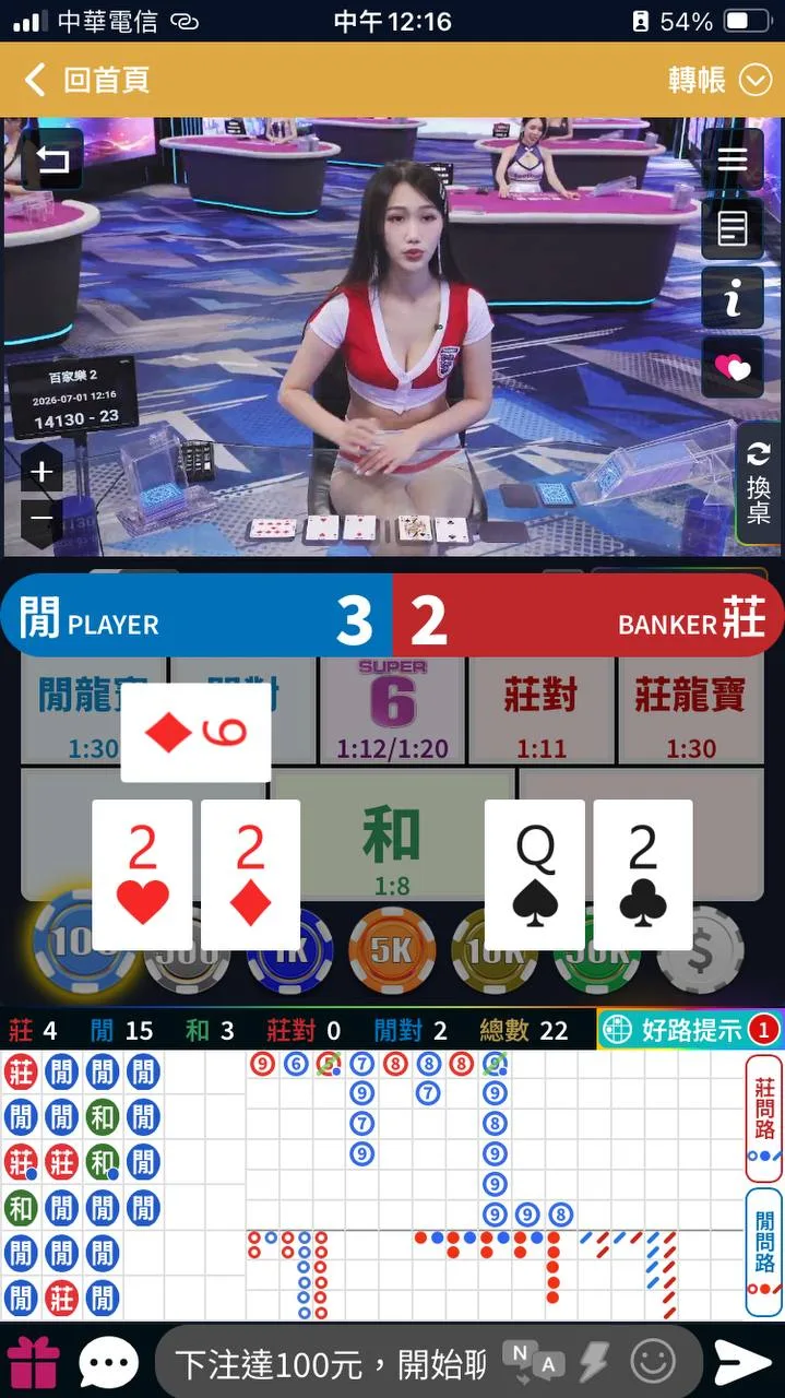 MT 真人百家手機單桌真實截圖，可觀察手機荷官視訊、下注格與分數區