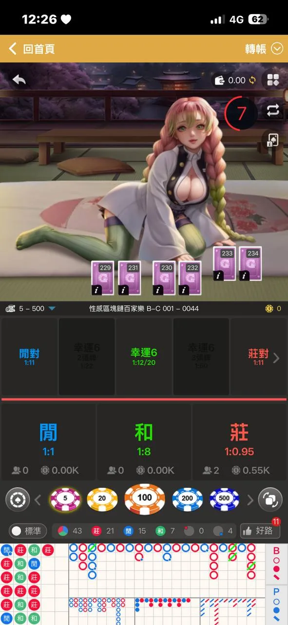 RG 真人百家手機單桌真實截圖，可觀察主題桌背景、手機下注格與路單區