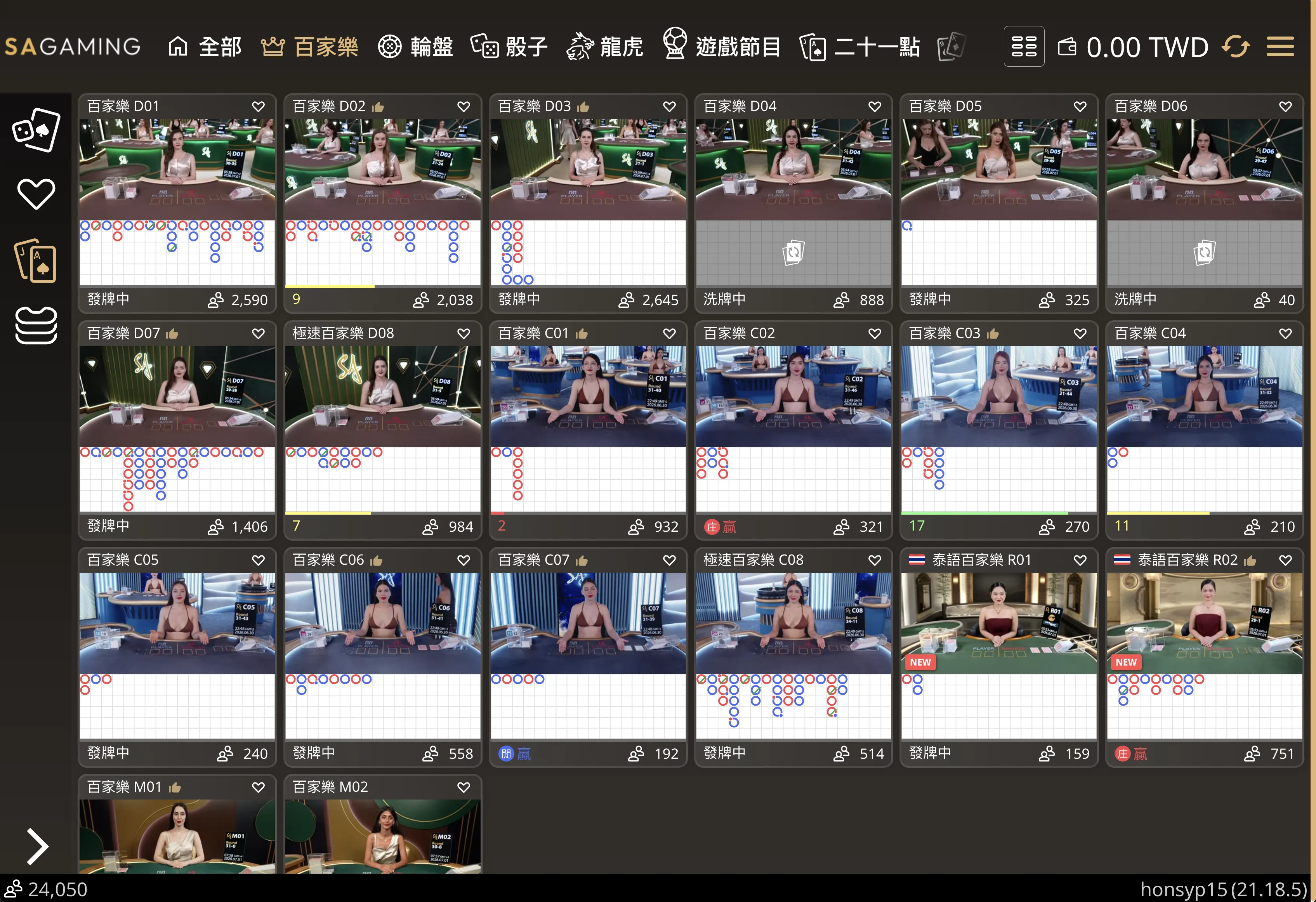 SA 真人百家真實大廳截圖，可觀察多語系標示與路單統計區